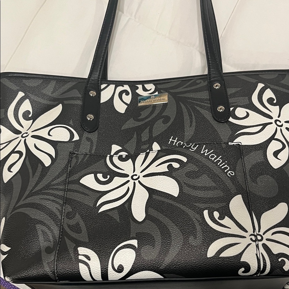 Happy Whine Hawaii Black Floral Tote Bag with White Flower Print